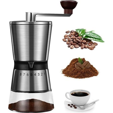 This manual/handheld coffee grinder features a ceramic grinding mechanism and is suitable for espresso, with 8 grind settings. (1/5)