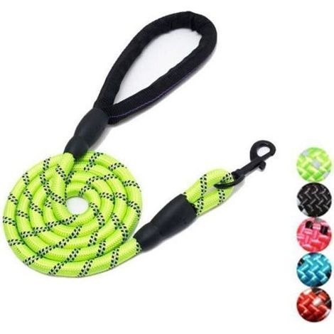 Hundeleine – Material unbekannt – 2 m – Strapazierfähiges Nylon – Reflektierende Griffe – Fluoreszierendes Grün (1/4)