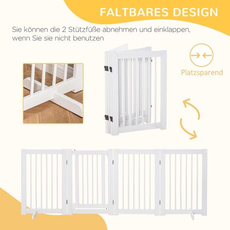 Barrière de sécurité pour chien autoportante avec pieds 204 x 75 cm bois, cloison de protection, barrière d'escalier, barrière de porte, 4 panneaux blancs, pour escaliers, portes, cuisine, couloir (1/5)
