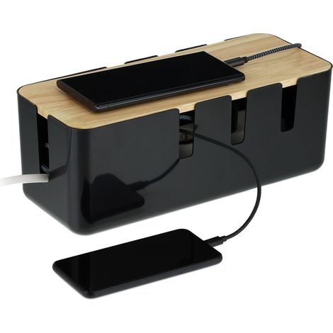 Boîte Cache-câbles Noir pour 2 Multiprises - Couvercle Bois et Plastique - Dimensions 11,5 x 30,5 x 12,5 cm - Gain de Place et Sécurité (1/5)
