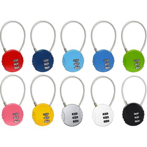 Lot de 10 cadenas à combinaison 3 chiffres - Mini cadenas à mot de passe - Cadenas en fil métallique - Cadenas à combinaison - Pour cartable, bagages, valises, casiers, sac de voyage (1/5)