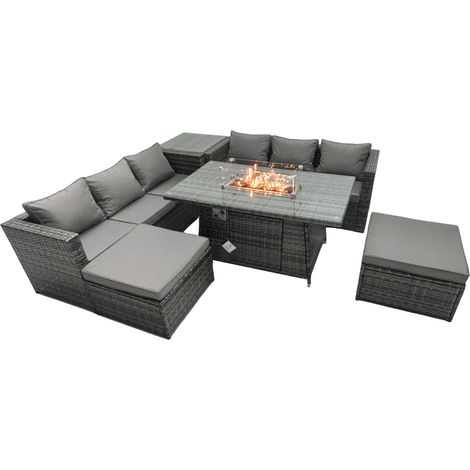 Fimous Ensemble de meubles de jardin en rotin ave Table de foyer à gaz 6 places Ensemble de canapés avec Tables d'appoint 2 Tabourets (1/5)