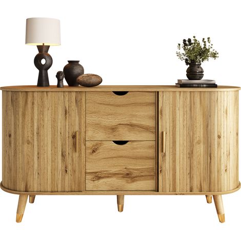 Sideboard avec portes à relief vertical, 2 tiroirs et étagères ouvertes, angles arrondis, MDF couleur bois clair, CHICFURN (1/5)