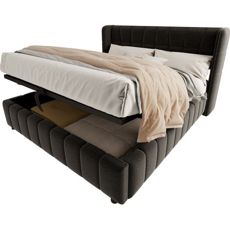 Cama con Arcón 180 x 200 cm de Tela, Cama Doble con Elevación y Cabecero, sin Colchón, Gris (1/5)