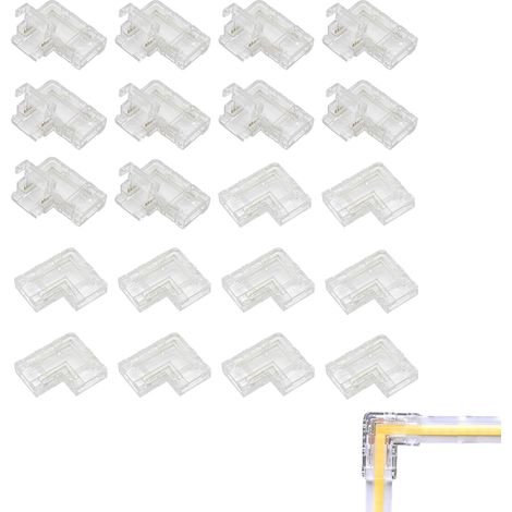 Connecteurs 2 broches en L transparents sans soudure pour bandes COB LED,10mm - jonctions d'angle à 90° pour bandes LED monocolores 5V/12V/24V (20 pièces) - connexion d'angle sans soudure (1/5)