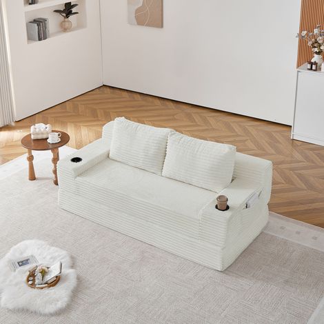 Canapé convertible 2 places,canapé lit droit avec porte-gobelets et poches latérales,canapé à compression sans structure,180x85x62cm,velours côtelé,Beige (1/5)