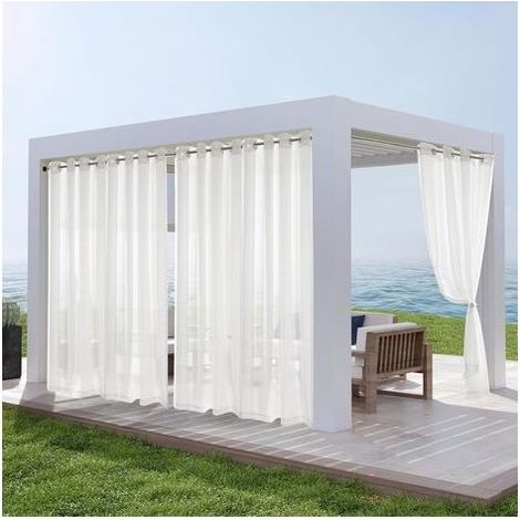 Lot de 2 Rideaux Voilages d'extérieur, avec œillets, pour Portails de Terrasse, 134 x 210 cm (H x L), Blanc Résistants aux Intempéries