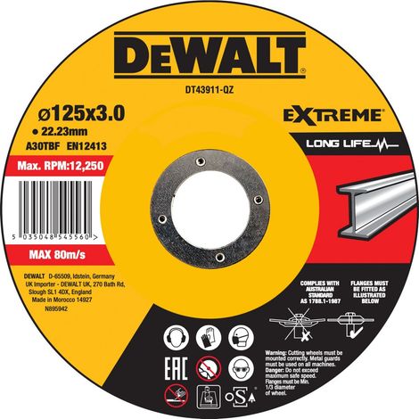 Disco da taglio per acciaio inossidabile 125x22,2mm, foro piatto DEWALT
