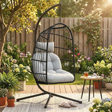 Fauteuil suspendu en forme d'œuf. Balancelle d'extérieur avec support et sangle de sécurité. Noir/Gris clair