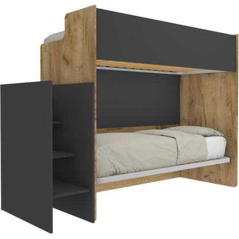 Letto a castello minimalista con terzo letto estraibile - Quercia e basalto