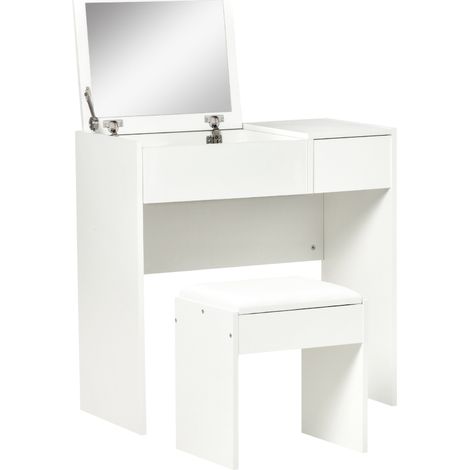 Coiffeuse avec miroir rabattable, coiffeuse moderne, avec tabouret, meuble de rangement à 4 compartiments, MDF blanc, 80 x 40 x 79 cm