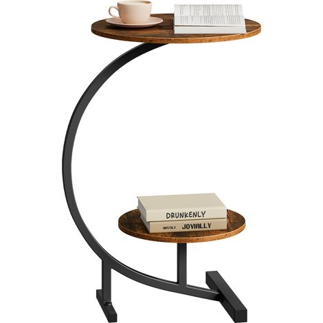 WOLTU Table Basse Ronde avec 2 Plateaux Ronds (Ø40+Ø30cm) xH66 cm, Table d'Appoint en Forme C, Rustique (1/4)