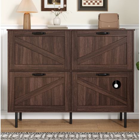 Schuhschrank 120x28x92 cm Natural Walnut Spanplatte mit 4 Türen und Katzen-Spielzeug (1/5)