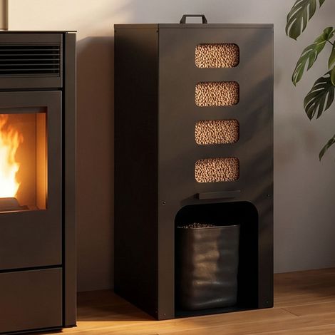 Depósito de pellets de 55 kg, negro, con distribuidor de pellets de 40 x 40 x 98,5 cm y recipiente flexible extraíble (1/5)