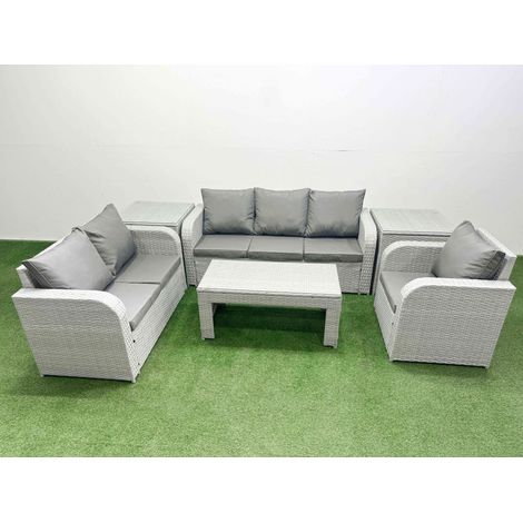 Fimous Patio PE Wicker 6 Seater Outdoor Rattan Furniture Sofa Sets with Oblong Coffee Table Reclining Chair Loveseat Sofa 3 Seater Sofa 2 Side Table Light Grey (1/4)