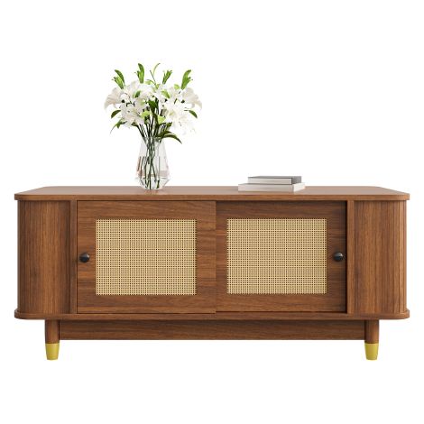 Table basse avec portes coulissantes en rotin, angles arrondis, espace de rangement, MDF, finition effet bois, table de salon, design moderne.