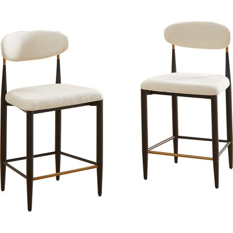 Lot de 2 tabourets de bar à hauteur de comptoir, tabourets de cuisine rembourrés style campagne française avec dossier incurvé ergonomique, structure contrastée noir et café + coussin en tissu crème p (1/5)