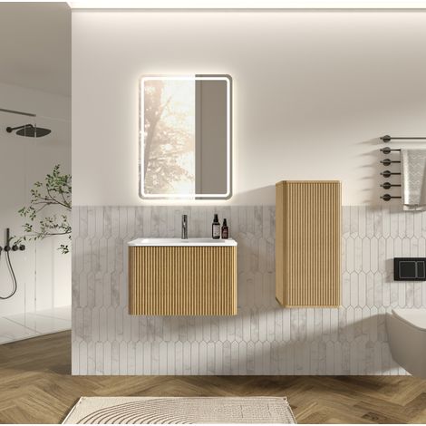 Ensemble meuble de salle de bains avec miroir LED, lavabo mat en pierre synthétique, armoire suspendue 60 cm, finition chêne (1/5)
