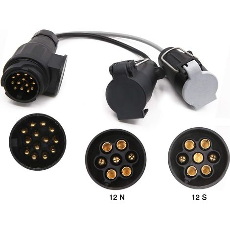 Adaptateur Prise Remorque - 13 Broches vers 12N et 12S + 7 Broches - Pour Camping-Car Caravane SUV