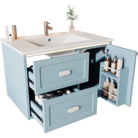 Armoire salle bain suspendue bleue, 76x46x51 cm, laquée, LED capteur mouvement, 2 tiroirs silencieux, lavabo intégré (1/5)