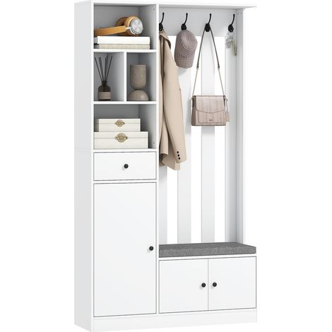 Pour chaussures, vestes et clés : vestiaire meuble pour hall d'entrée avec banc rembourré, étagère réglable et placard blanc (1/5)