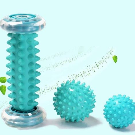 La punta del rodillo de masaje para pies alivia la fascitis plantar. Los diferentes niveles de firmeza permiten trabajar los puntos de presión muscular del pie, la parte posterior de la pierna y las p (1/3)
