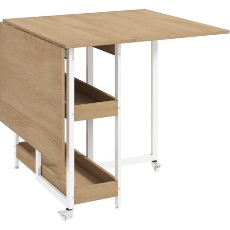 Mesa plegable 133,4 x 80 cm con estantes, ruedas con freno, metal y acabado madera natural (1/5)