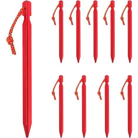 CCYKXA 10 Aluminum Camping Stakes 18cm with Rope – Sturdy Tent Ground Anchors, Red, Perfect for Tents, Tarps, Bivouacs and Outdoor Activities