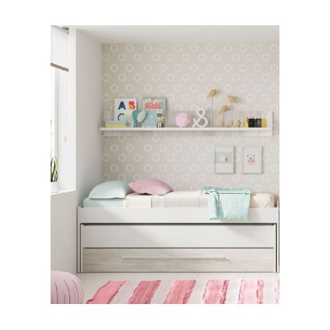 Cama compacta y estantería Elliot acabado blanco artic/blanco velho, 65cm(alto) 199cm(ancho) 96cm(largo) (1/4)