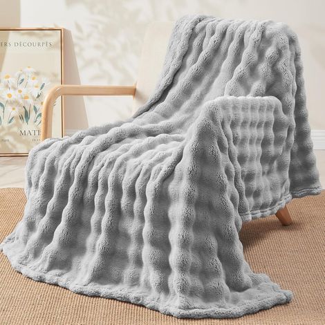 Manta de felpa aterciopelada de 450 g/m², 180 x 230 cm, suave imitación de conejo, gris claro.