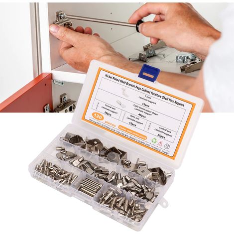 Set aus 120 vernickelten Kohlenstoffstahlteilen für Schrankregalhalterungen, Winkelhalterungen, Nägel und Befestigungsstifte. (1/5)