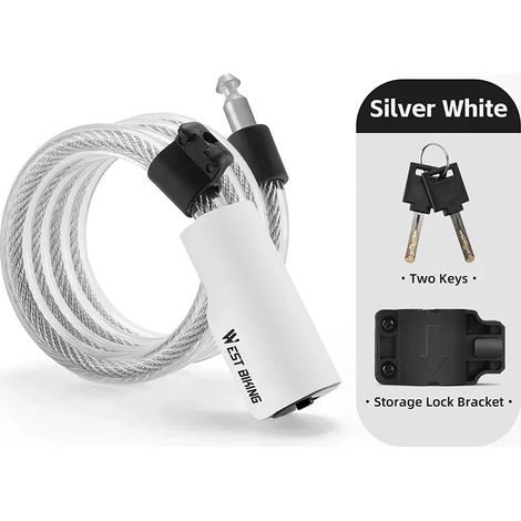 Antivol de vélo portable (blanc) avec 2 clés, étanche à l'eau et à la poussière, cadenas à fil (1/5)