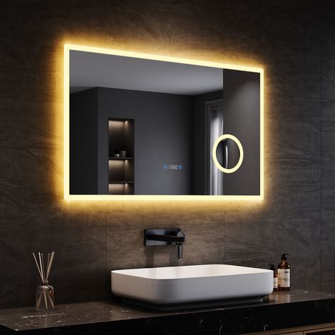 SONNI Badspiegel LED Beschlagfrei Touch Schalter 100x60cm Energie Sparen mit Dreifacher Lupe mit 3 Einstellbare Lichtfarben (1/5)