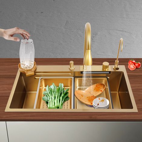 Fregadero de cocina dorado, acero inoxidable, fregadero de montaje superior, juego de grifería de cocina (1/5)