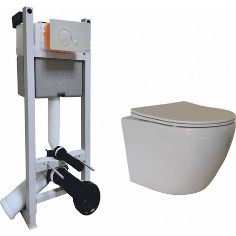 Regiplast – Pack WC suspendu – Bâti-support universel avec plaque GLOBE – Cuvette sans bride KELOS Flush Blanc brillant – Abattant frein de chute (1/7)