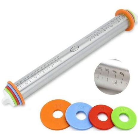 Rouleau à pâtisserie réglable – rouleau à pâtisserie en acier inoxydable, laminoir à pâte pour enfants, pour la cuisson de pâtes, biscuits, pizzas, pâtisseries et pâtes – avec 4 anneaux d'épaisseur ré (1/5)