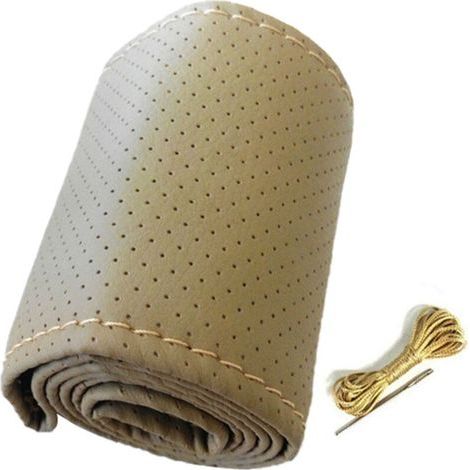 Universal car steering wheel cover, hand-stitched, perforated microfiber leather for 38cm diameter steering wheels, Beige (1/2)