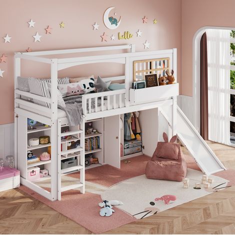 Litera infantil 90x200 cm blanco y natural, madera de pino con tobogán (1/5)