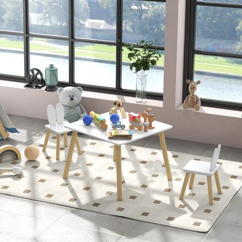 Table enfant avec chaises, dossiers oreilles de lapin, idéale pour la chambre d'enfant ou la salle de jeux, blanche. (1/5)