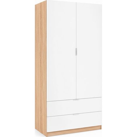 Armadio Guardaroba Con 2 Ante Battenti Asta Appendiabiti E 2 Cassetti Design Moderno Stile Nordico Per Camera da Letto Ospiti Ambienti Multifunzione 80 x 52 x 180 Cm Bianco e Rovere
