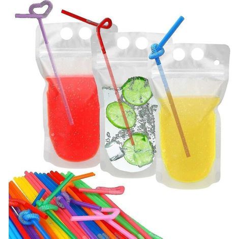 100 pochettes à boissons avec 100 trous de paille pochettes en plastique translucides refermables à fermeture éclair (1/5)