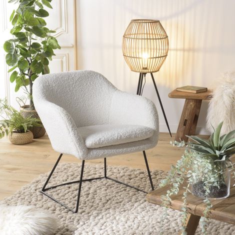 AGATHE - Fauteuil urban tissu bouclette blanc pieds évasés métal noir (1/5)