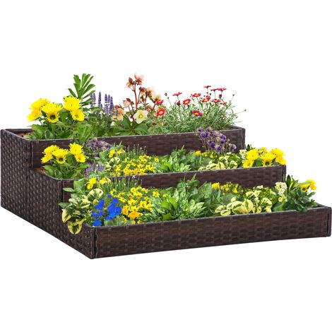 Orto Rialzato a 3 Livelli in Rattan Sintetico senza Fondo per Piante e Verdure, 120x120x40cm, Grigio