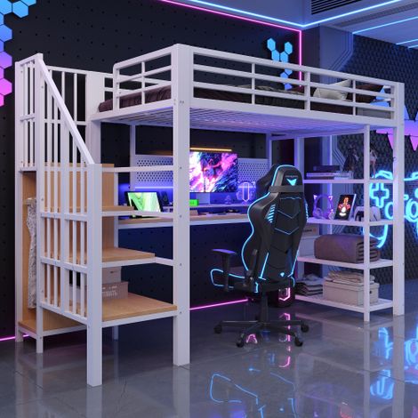 Letto a soppalco in ferro 90 × 200 cm, scrivania lunga e pannello forato lungo, con prese europee e striscia luminosa a LED, vani portaoggetti a più livelli, sponda alta, bianco (1/5)