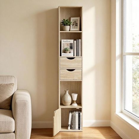 Étagère à livres élégante, meuble de rangement haut et étroit, présentoir vertical pour salon, bibliothèque fine pour bureau, étagère de stockage moderne (uniquement avec étagère). (1/5)