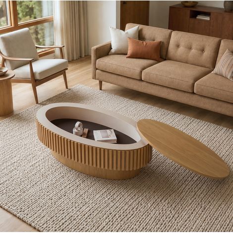 Mesa de centro ovalada 98 x 60 x 35 cm con compartimento oculto, madera natural HAVRYA (1/5)