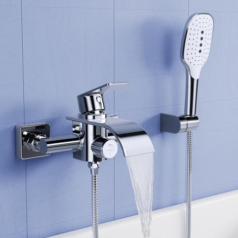Robinetterie de baignoire avec douchette, Robinet de baignoire cascade, Mitigeur de douche en laiton avec 3 fonctions, Robinetterie de baignoire avec interrupteur à pression - Chrome (1/5)