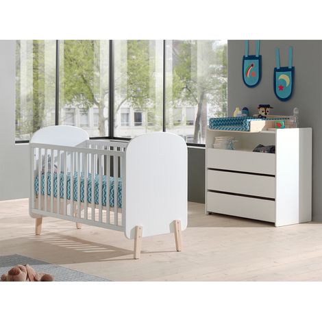Lit bébé 60x120 Sommier Inclus, Commode 3 tiroirs et Plan à langer Vipack Kiddy - Blanc (1/4)