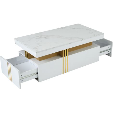 Tavolino da caffè rettangolare moderno bianco lucido con 2 cassetti, effetto marmo, 100 x 50 x 40 cm (1/5)