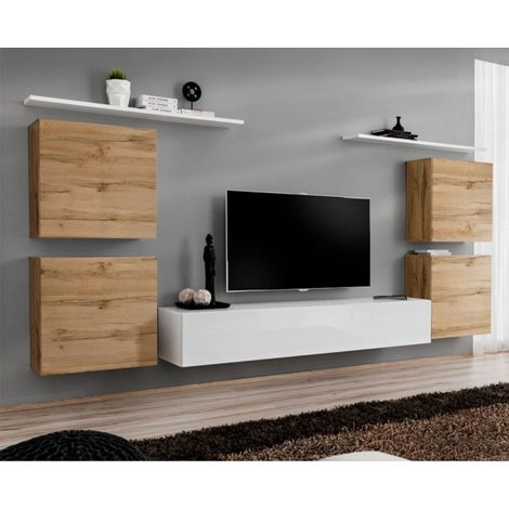 Meuble TV Mural Design "Switch IV" 320cm Naturel & Blanc (1/4)